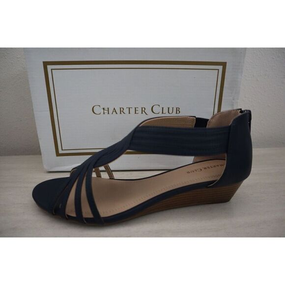 Charter Club Women's Sz 8 M Navy Ginifur 2 Faux Leather Strappy Wedge Sandals - Picture 4 of 11
